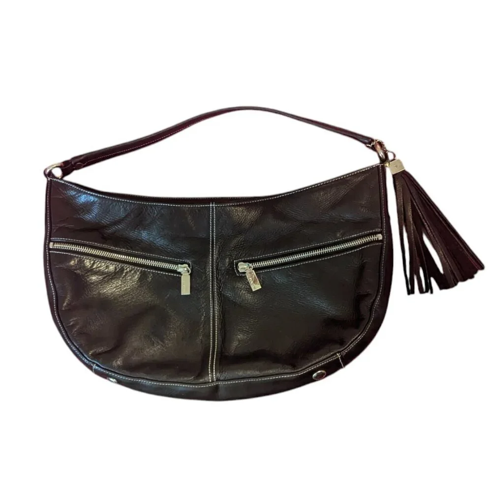 Y2K Perlina Bag Leather Hobo Shoulder‎ Crescent Baguette Tassel Silver Hardware